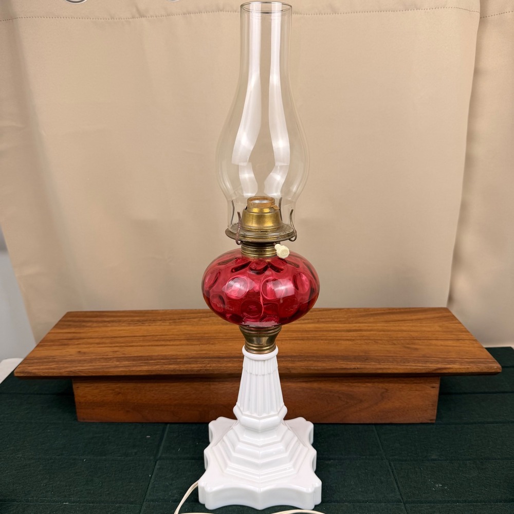 Fenton Ruby Red Coin Dot Milk Glass Hurricane Lamp Eagle Brass Electric Vintage